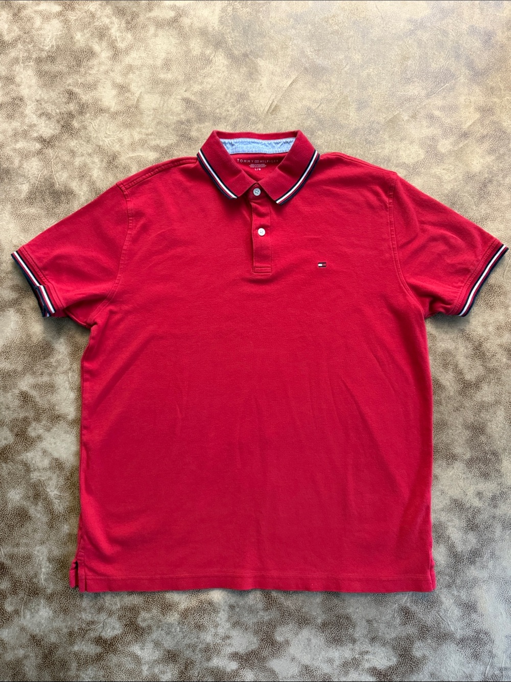 Tommy Hilfiger Men’s Large Red Polo Shirt Flag Logo Striped Trim